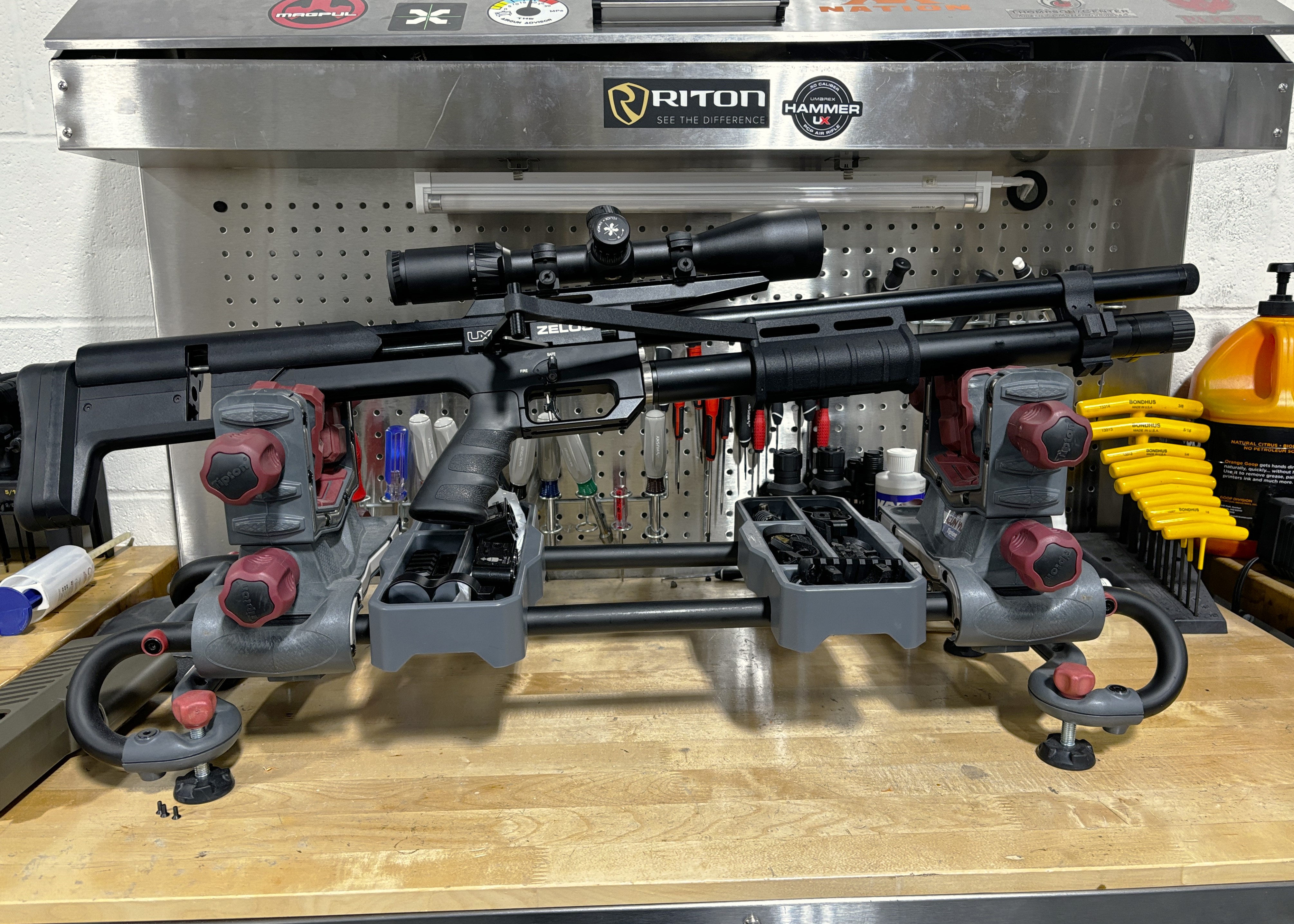Umarex Zelos on a gun support on top of a workbench